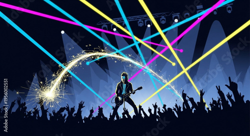 Electric guitarist performs on stage with colorful laser beams and excited audience at a lively music festival or concert event at night