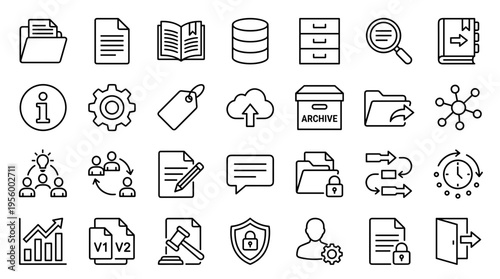 Set of business and technology line icons for data management and digital workflow