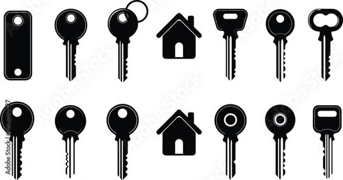 Key, house, lock, security, access, door, real estate, property, symbol, protection, silhouette, icon, set, black, design, vector, illustration, collection, modern, concept