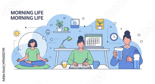 Morning routine illustration with people meditating working and drinking coffee at home
