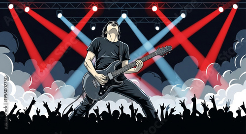 Electric guitarist performing on stage with crowd and vibrant lights rock concert atmosphere with raised hands