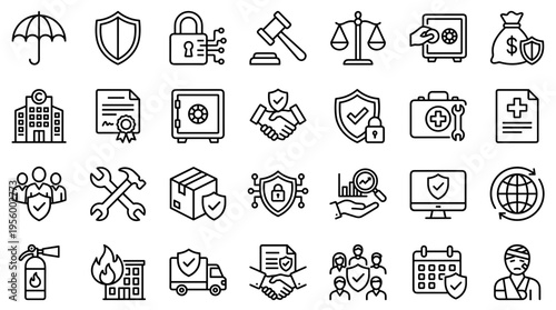 Set of insurance and protection line icons for business and personal security concepts