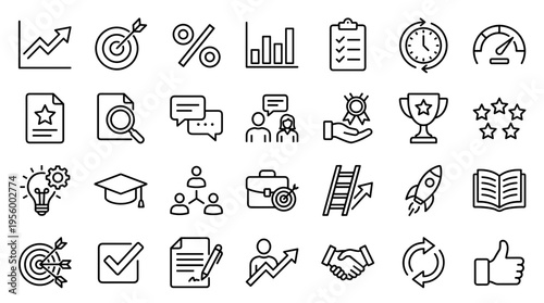 Set of business and management line icons for professional development and corporate strategy