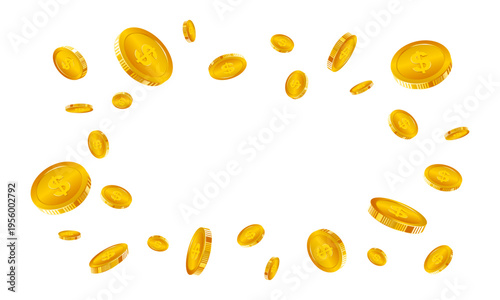 Gold coins explosion. Realistic flying golden dollar coins background. Coins burst and explode wealth, jackpot, treasure, and finance concept
