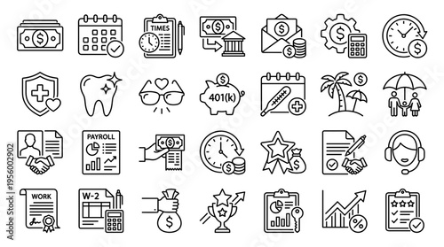 Set of business and finance line icons for payroll human resources and corporate management