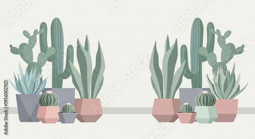 Various cacti and succulents in colorful pots on a shelf against a plain background