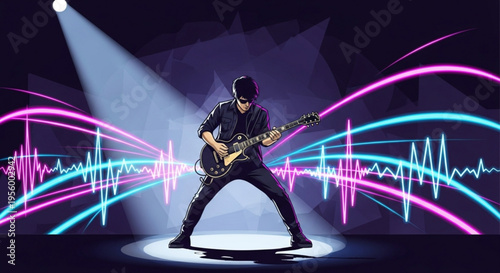 Musician playing electric guitar on stage with colorful sound waves and spotlight