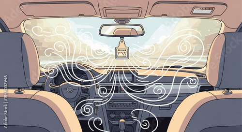 Car interior with air freshener and swirling fragrance in a vehicle