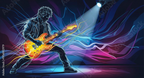 Musician playing electric guitar on stage with vibrant colorful lights and dynamic performance