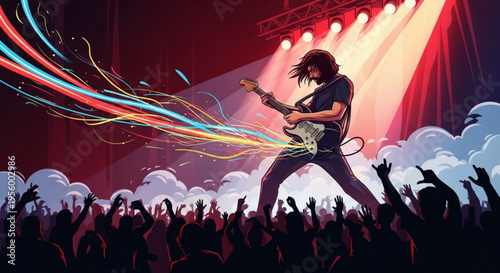 Electric guitarist performing on stage with enthusiastic audience and dynamic lighting effects