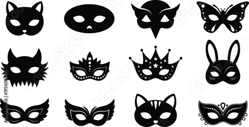 masquerade mask icon set vector, carnival costume illustration, animal face masks, decorative party symbols, mystery festival accessories, elegant disguise design