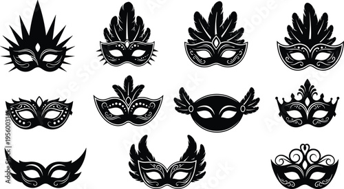 Masquerade masks silhouettes collection, ornate feather decorative designs, carnival costume party icons, elegant disguise artwork, flat vector illustration