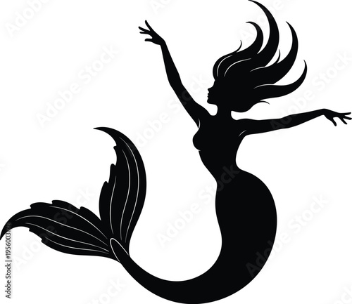 mermaid silhouette illustration, fantasy sea creature design, elegant woman with tail, ocean myth concept, black vector art, aquatic beauty