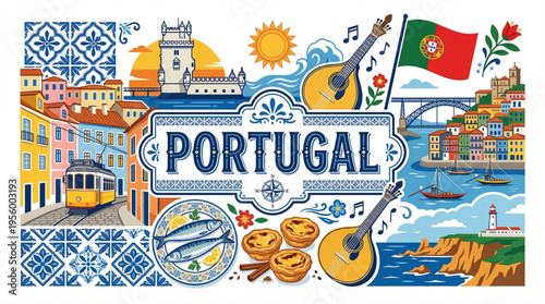 Vibrant Portugal Cultural Elements Vector Illustration with Lisbon, Porto, and Traditional Symbols