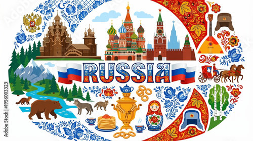 Vibrant Russia Cultural Elements Vector Illustration with Moscow, Siberian Wildlife, and Traditional Symbols
