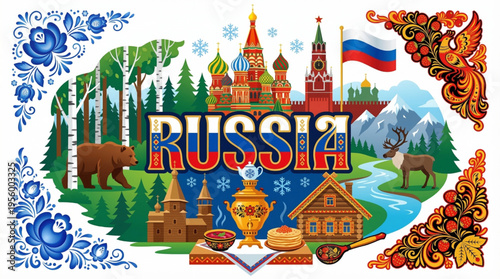 Vibrant Russia Cultural Elements Vector Illustration with Moscow, Siberian Wildlife, and Traditional Symbols