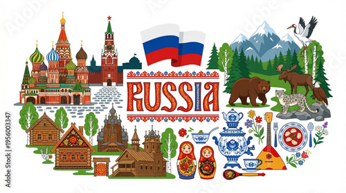 Vibrant Russia Cultural Elements Vector Illustration with Moscow, Siberian Wildlife, and Traditional Symbols