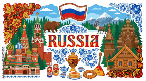 Vibrant Russia Cultural Elements Vector Illustration with Moscow, Siberian Wildlife, and Traditional Symbols