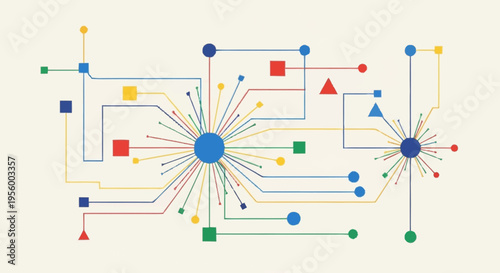A complex network of colorful lines and shapes.