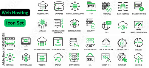 Web Hosting line icon set. Web hosting related icon collections. Containing server, cloud, domain, website, data center, uptime, bandwidth, storage, hosting plan, and security icons. Outline icons.