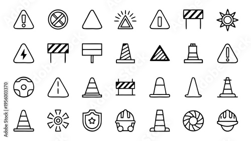 A varied set of forty-five white outline icons depicting both physical and digital safety measures like first aid kits and cloud security on a black background.