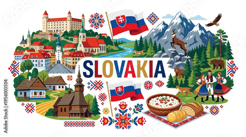 Vibrant Slovakia Cultural Elements Vector Illustration with Bratislava, Tatra Mountains, and Traditional Symbols