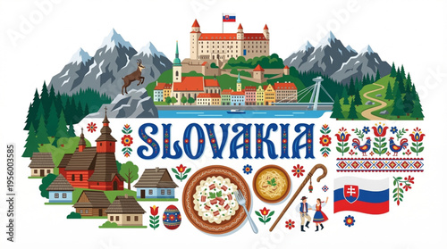 Vibrant Slovakia Cultural Elements Vector Illustration with Bratislava, Tatra Mountains, and Traditional Symbols
