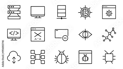 High-contrast white line icons of an eye with a shield and a microprocessor chip displayed against a solid black background for technology branding purposes.