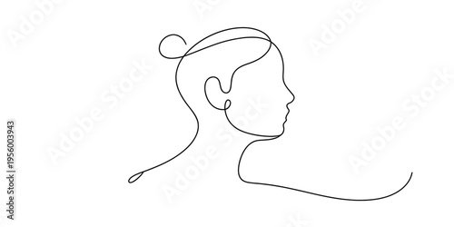 Minimalist continuous line drawing of a woman head profile with a small hair bun on white background Vector, illustration