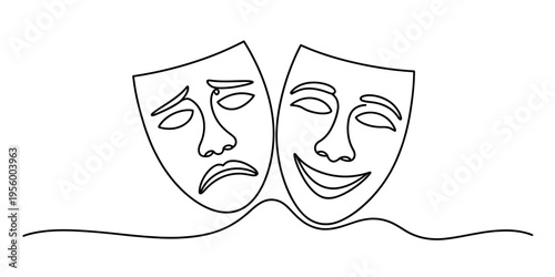 Minimalist continuous line drawing of theatrical comedy and tragedy masks representing emotions Vector, illustration