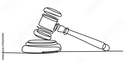 A continuous line drawing of a wooden judge gavel resting on a sound block in a minimalist style Vector, illustration