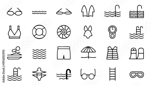 A grid of forty-five white vector outline icons representing swimming gear and water sports elements displayed on a dark black background field.