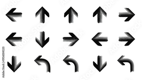 Versatile brushstroke arrow collection for navigation and direction. Grunge style pointing symbols for graphic design and interfaces.