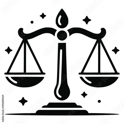 An iconic symbol of law and justice featuring a balance scale with stars around it