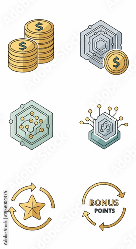 Financial icons with coins and bonus points.