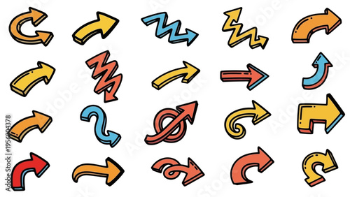 Vibrant hand-drawn doodle arrows in assorted shapes and directions, ideal for modern graphic design and intuitive user interface navigation.