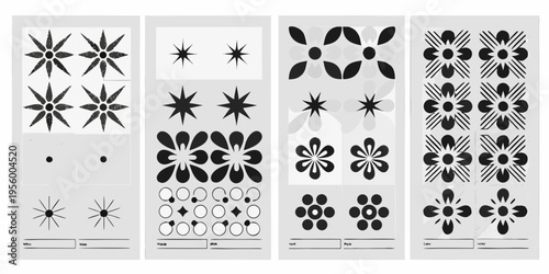 Four panels displaying abstract black and white optical illusion patterns