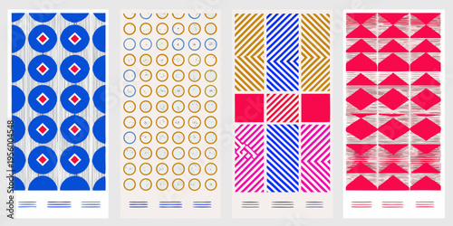Four patterned panels with geometric shapes in vibrant colors displayed vertically