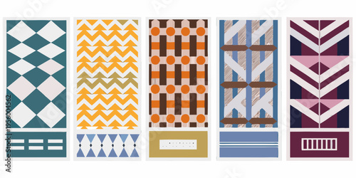A series of colorful patterned rectangular bookmarks arranged in a row