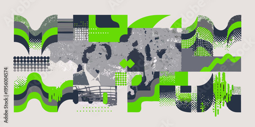 Abstract geometric composition with vibrant green gray and dark blue shapes