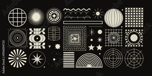 Abstract geometric shapes and lines arranged on a black background