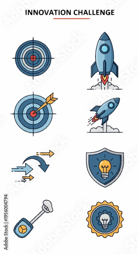 Innovation challenge icons with rocket and target.