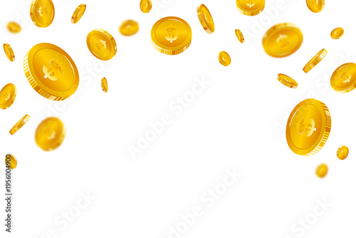 Falling gold coins background with Dollar symbol. Earnings gold money rain. Golden coins of million dollars lottery games prize. Coins burst and explode wealth, jackpot, treasure, and finance concept