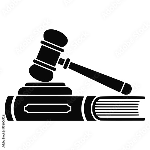 A black and white icon depicting a gavel resting on a book, symbolizing law, justice, and legal proceedings.