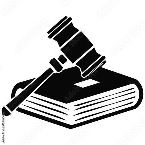 A black and white illustration of a gavel resting on a book, symbolizing law, justice, and legal proceedings in a courtroom setting.