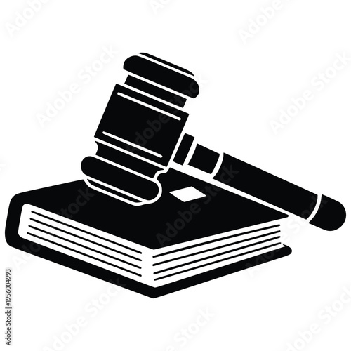A black and white illustration of a gavel resting on a book, symbolizing law, justice, and legal proceedings in a courtroom setting.