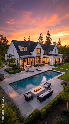 Luxurious Home Backyard Pool and Fireplace at Sunset