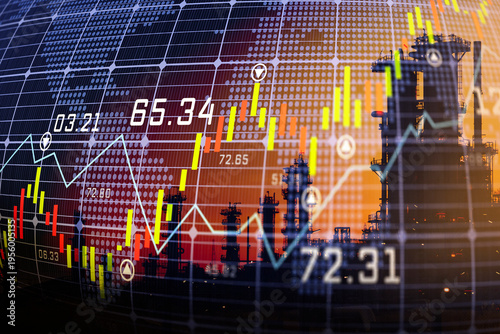 The oil price graph in the stock market reflects the growth and demand in the energy market, with an image of oil refineries and storage tanks in major industrial areas as a backdrop.