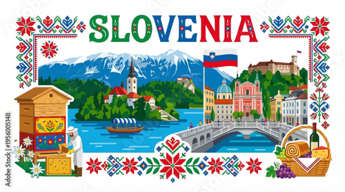 Vibrant Slovenia Cultural Elements Vector Illustration with Ljubljana, Lake Bled, and Alpine Scenery