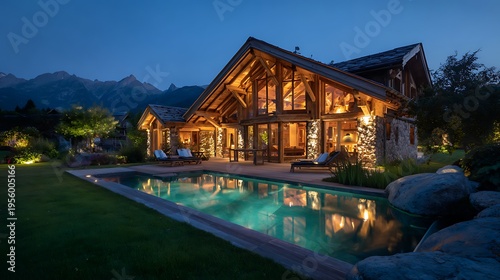 Luxury Chalet with Pool in the Mountains at Dusk